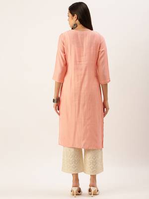 women's calf length round neck peach solid straight kurta 4