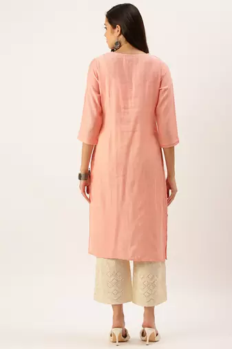 women's calf length round neck peach solid straight kurta