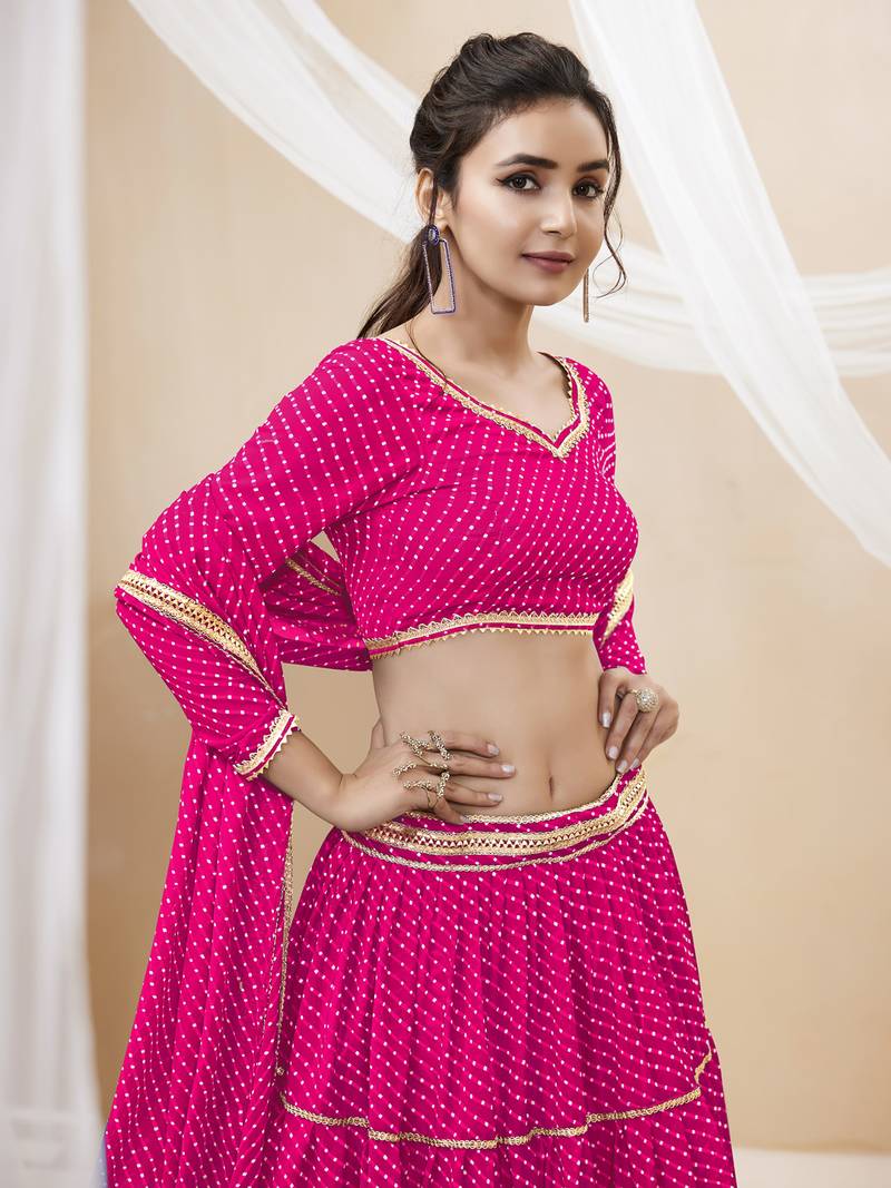 Pretty Pink Laheriya Print Georgette Wedding Lehenga Choli
