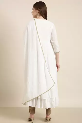 women's calf length round neck off white embellished anarkali kurta comes with duppatta