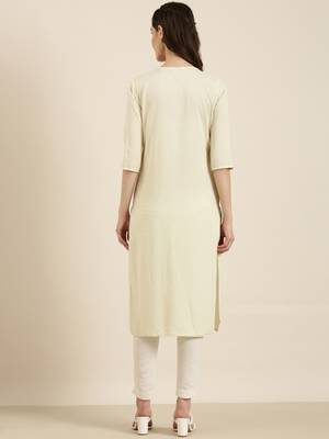 women's calf length round neck cream solid straight kurta 5