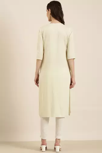 women's calf length round neck cream solid straight kurta