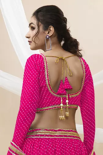 Pretty Pink Laheriya Print Georgette Wedding Lehenga Choli