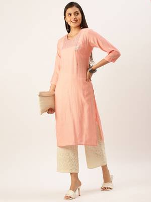 women's calf length round neck peach solid straight kurta 5