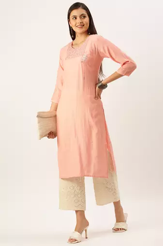 women's calf length round neck peach solid straight kurta