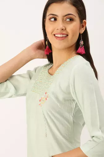 women's calf length round neck sea green solid straight kurta