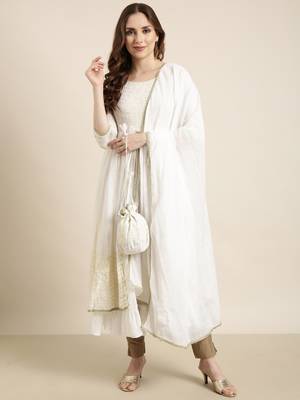 women's calf length round neck off white embellished anarkali kurta comes with duppatta 5