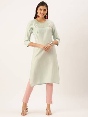 women's calf length round neck sea green solid straight kurta 3