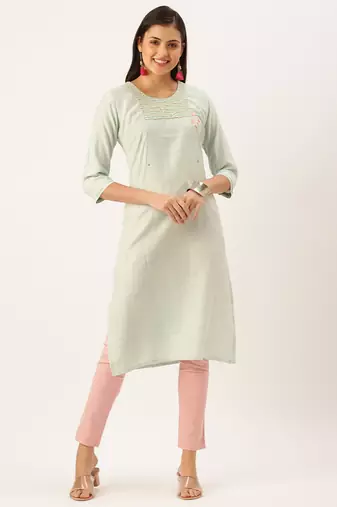 women's calf length round neck sea green solid straight kurta