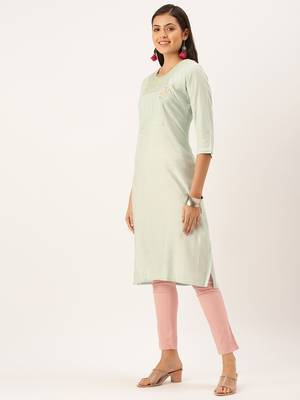women's calf length round neck sea green solid straight kurta 4
