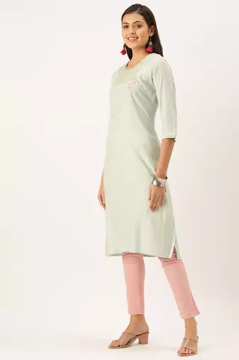 women's calf length round neck sea green solid straight kurta