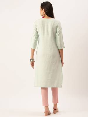 women's calf length round neck sea green solid straight kurta 5