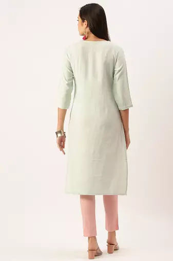 women's calf length round neck sea green solid straight kurta
