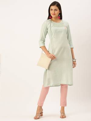 women's calf length round neck sea green solid straight kurta 1