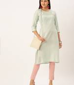 women's calf length round neck sea green solid straight kurta