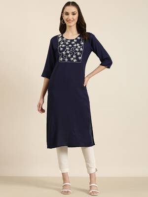 women's calf length round neck navy blue solid straight kurta 2
