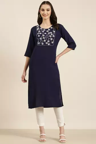 women's calf length round neck navy blue solid straight kurta