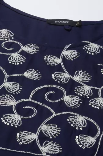 women's calf length round neck navy blue solid straight kurta