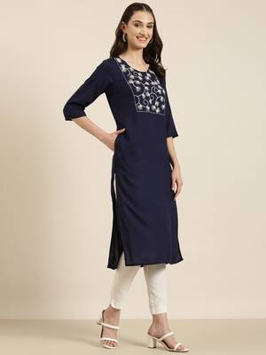 women's calf length round neck navy blue solid straight kurta 4