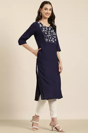 women's calf length round neck navy blue solid straight kurta