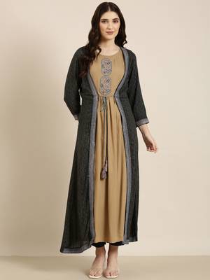 women's ankle length round neck khaki solid anarkali kurta 2