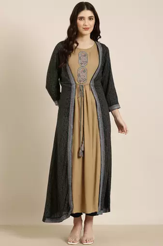 women's ankle length round neck khaki solid anarkali kurta