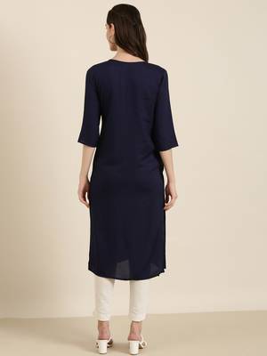 women's calf length round neck navy blue solid straight kurta 5