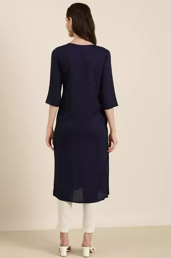 women's calf length round neck navy blue solid straight kurta
