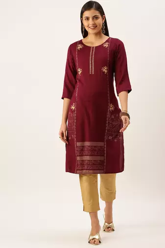 women's calf length round neck magenta solid straight kurta