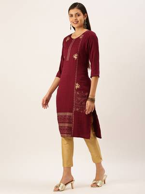 women's calf length round neck magenta solid straight kurta 4