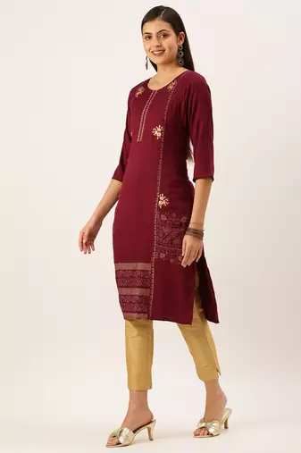 women's calf length round neck magenta solid straight kurta