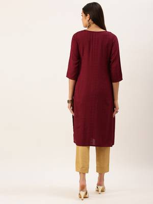 women's calf length round neck magenta solid straight kurta 5