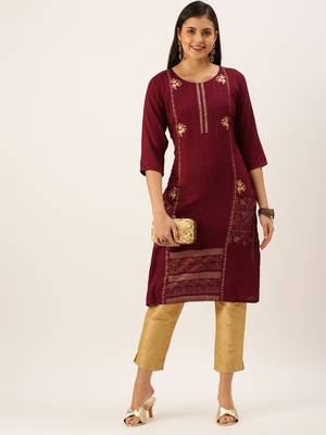 women's calf length round neck magenta solid straight kurta 1