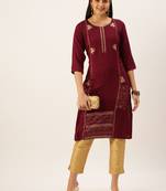 women's calf length round neck magenta solid straight kurta
