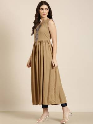 women's ankle length round neck khaki solid anarkali kurta 5