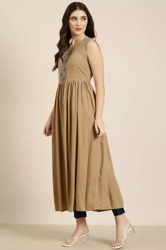 women's ankle length round neck khaki solid anarkali kurta