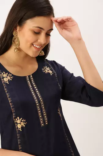 women's calf length round neck navy blue solid straight kurta