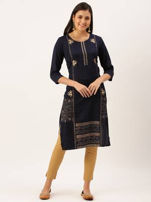 women's calf length round neck navy blue solid straight kurta 3