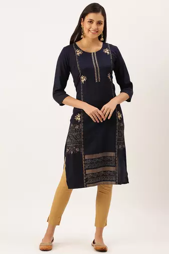 women's calf length round neck navy blue solid straight kurta