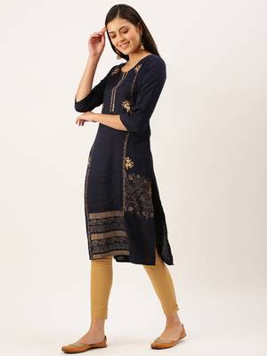 women's calf length round neck navy blue solid straight kurta 4