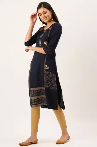 women's calf length round neck navy blue solid straight kurta