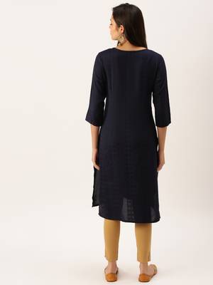 women's calf length round neck navy blue solid straight kurta 5