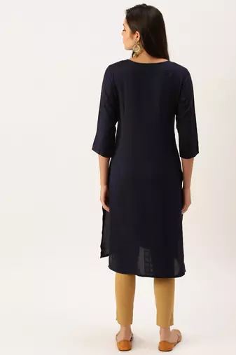 women's calf length round neck navy blue solid straight kurta
