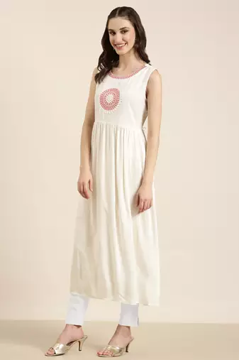 women's ankle length round neck off white solid anarkali kurta