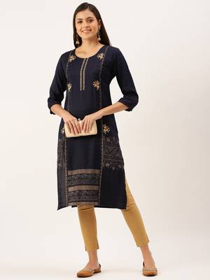 women's calf length round neck navy blue solid straight kurta 1