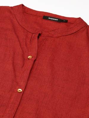 women's calf length mandarin collar maroon solid straight kurta 3