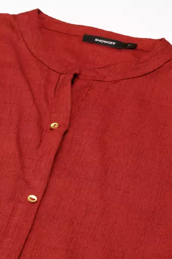 women's calf length mandarin collar maroon solid straight kurta