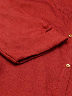 women's calf length mandarin collar maroon solid straight kurta 4
