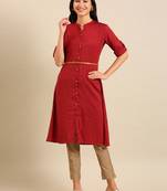 women's calf length mandarin collar maroon solid straight kurta
