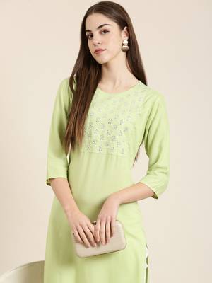 women's calf length round neck lime green solid straight kurta 1